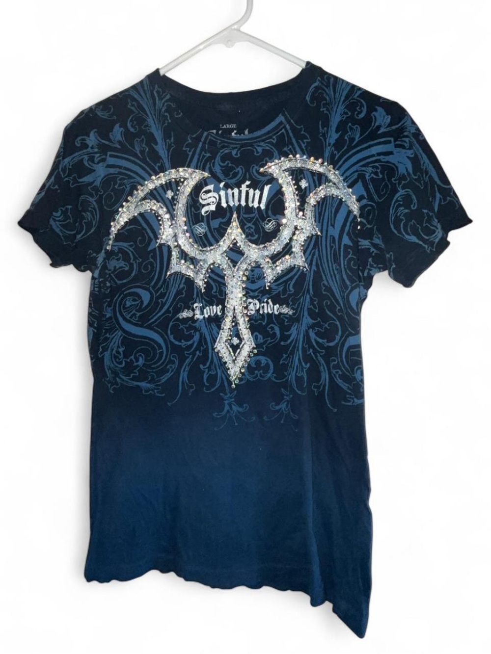 Sinful Navy Blue Graphic Tee with Silver Rhinestone Crest